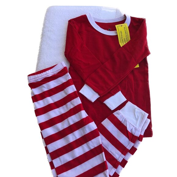 Coral Bee Pajama Set Unisex Red White Long Sleeve Long Striped PJs Sz 4 - Picture 4 of 12